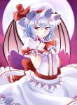  1girl ascot bat_wings blue_hair bow brooch hands_on_own_chest hat hat_bow highres jewelry mob_cap moon nogisaka_kushio parted_lips red_eyes remilia_scarlet short_hair solo touhou wings wrist_cuffs 