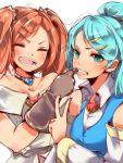  2girls aqua_eyes bare_shoulders blue_hair detached_sleeves file_(ole_tower) gloves hair_ornament hairclip mataichi_matarou mouth_pull multiple_girls ole_tower orange_hair short_twintails triangular_file_(ole_tower) twintails v 
