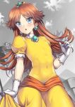 1girl blue_eyes blush brown_hair crown dress earrings flat_chest flipped_hair gloves jewelry long_hair nagase_haruhito nintendo open_mouth princess_daisy puffy_sleeves skirt_hold solo super_mario_bros. white_gloves yellow_dress