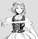  1girl axis_powers_hetalia dress floral_print flower genderswap grey_background head_wreath holding minaide_yatose poland_(hetalia) polish_clothes puffy_short_sleeves puffy_sleeves short_hair short_sleeves simple_background solo sword traditional_clothes weapon 