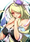  1girl bare_shoulders blonde_hair breasts bust dean hair_over_one_eye hat hat_ribbon highres long_hair pandora_(p&amp;d) puzzle_&amp;_dragons red_eyes ribbon solo 