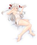  1girl absurdres amatsukaze_(kantai_collection) barefoot blush brown_eyes camisole full_body hair_tubes highres kantai_collection looking_at_viewer lying on_bed on_side open_mouth panties print_panties rensouhou-kun see-through shirt silver_hair solo underwear underwear_only utahane_w white_panties white_shirt 