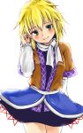  1girl arm_warmers backlighting blonde_hair blush green_eyes highres looking_at_viewer mizuhashi_parsee playing_with_own_hair pointy_ears pov pov_eye_contact robe scarf skirt solo touhou 
