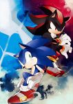  2boys frown gloves grin multiple_boys naoko_(juvenile) no_humans shadow_the_hedgehog shoes smile sneakers sonic sonic_the_hedgehog 