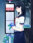  1girl achiki black_hair female flower hydrangea long_hair original profile rain school_uniform serafuku solo 