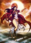  &ntilde;usta_huillac 1girl army black_hair breasts cape cleavage genzoman incan long_hair navel outstretched_arm payot polearm real_life red_cape shadow side_slit solo_focus spear stairs sun sunset toeless_legwear vambraces weapon 