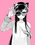 1boy black_hair hat jewelry long_hair male mouth_hold original pink_background ring sakiyo_cake simple_background solo sunglasses trap 