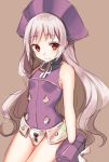  1girl blush brown_background cowboy_shot hat iron_maiden_jeanne leotard long_hair midorikawa_you red_eyes shaman_king silver_hair smile solo very_long_hair 