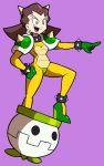  1girl bowser bowser_(cosplay) brown_hair collar cosplay crossover green_eyes horns one_leg_raised rockman rockman_dash shenanimation short_hair shoulder_pads solo spiked_collar spikes super_mario_bros. tron_bonne 