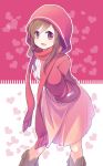  1girl arms_behind_back boots breasts brown_hair enari hair_ornament hairclip heart hoodie kagerou_project leaning_forward long_hair open_mouth scarf solo tateyama_ayano 