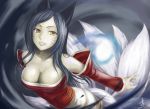  1girl ahri animal_ears black_hair breasts cleavage detached_sleeves energy_ball fox_ears fox_tail highres korean_clothes large_breasts league_of_legends lips long_hair looking_at_viewer multiple_tails off_shoulder parted_lips tail whisker_markings wide_sleeves yellow_eyes 