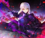  1girl armor armored_dress astarone blonde_hair dark_excalibur dress fate/stay_night fate_(series) hair_ribbon ribbon saber saber_alter solo sword weapon yellow_eyes 