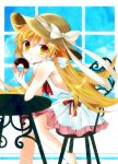  1girl blonde_hair chair doughnut dress hat long_hair mameguri monogatari_(series) oshino_shinobu table yellow_eyes 