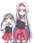  2girls absurdly_long_hair brown_eyes hair_ribbon hairband hand_on_back highres japanese_clothes kantai_collection long_hair mochiko_(m0chi0103) multiple_girls muneate ribbon shoukaku_(kantai_collection) silver_hair skirt twintails very_long_hair white_background zuikaku_(kantai_collection) 