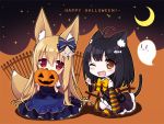  2girls ;d =&gt; ahoge animal_ears black_hair bow brown_eyes brown_hair cat_ears cat_tail chibi covering_mouth detached_sleeves fox_ears fox_tail ghost hair_bow hair_ornament halloween happy_halloween irimo-m jack-o&#039;-lantern long_hair looking_at_viewer multiple_girls one_eye_closed open_mouth original smile striped striped_legwear tail |_| 