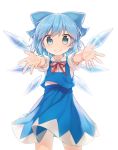 1girl blue_dress blue_eyes blue_hair bow cirno dress hair_ornament hair_ribbon highres ice ice_wings incoming_hug looking_at_viewer outstretched_arms puffy_sleeves ribbon shinoba short_sleeves simple_background smile solo touhou white_background wings 