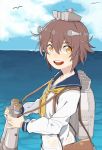  binoculars brown_eyes brown_hair hair_ornament kantai_collection nesume ocean sailor_dress short_hair smile yukikaze_(kantai_collection) 