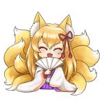  1girl animal_ears blonde_hair bow chibi closed_eyes fan fangs folding_fan fox_ears fox_tail full_body hair_bow japanese_clothes long_hair mon-musu_quest! multiple_tails open_mouth simple_background sitting solo tail tamamo_(mon-musu_quest!) tscbr white_background 