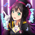  1girl a-rise black_hair blush bust cosplay gloves green_eyes haruichi hat idolmaster idolmaster_cinderella_girls long_hair love_live!_school_idol_project open_mouth pointing pointing_up shibuya_rin solo white_gloves 