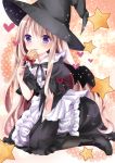  1girl bat_wings black_dress blonde_hair candy dress flower hat heart licking lollipop long_hair nanase_nao original puffy_short_sleeves puffy_sleeves red_rose rose short_sleeves sitting solo star tongue tongue_out very_long_hair violet_eyes wariza wings witch_hat 