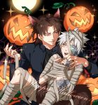  2boys animal_ears animoool bandages brown_hair fate/stay_night fate/zero fate_(series) full_moon halloween jack-o&#039;-lantern kotomine_kirei matou_kariya moon multiple_boys mummy pumpkin tail white_hair wolf_ears wolf_tail 