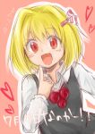  1girl :d blonde_hair blush blush_stickers bust collared_shirt fang hair_ribbon heart monrooru open_mouth pointing pointing_at_self red_eyes ribbon rumia short_hair sketch smile solo touhou vest 
