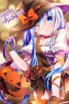  1girl blue_eyes blue_hair candy fingerless_gloves gloves halloween hat hatsune_miku highres lollipop long_hair one_eye_closed open_mouth skirt solo swirl_lollipop thigh-highs vocaloid witch_hat yuruno 