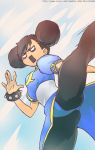  1girl alternate_hairstyle bracelet breasts brown_hair china_dress chinese_clothes chun-li double_bun double_tens highres jewelry kicking no_pupils pantyhose puffy_sleeves short_hair solo spiked_bracelet spikes street_fighter watermark web_address 