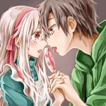  1boy 1girl black_hair candy dress interlocked_fingers kagerou_project kozakura_mary lollipop long_hair momomochi orange_eyes seto_kousuke short_hair silver_hair tongue tongue_out 