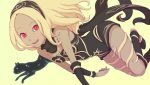  1girl bare_shoulders black_cat blonde_hair cat dark_skin dusty_(gravity_daze) flying gravity_daze hairband high_heels kitten_(gravity_daze) leg_warmers long_hair looking_at_viewer red_eyes saitou_shunsuke scarf smile 