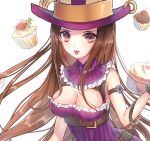  1girl :p arm_strap breasts brown_eyes brown_hair bust caitlyn_(league_of_legends) cleavage cleavage_cutout cupcake hat joypyonn league_of_legends long_hair solo tongue tongue_out top_hat very_long_hair white_background 