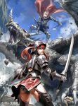 1boy 1girl armor cape clenched_teeth dragon fantasy gauntlets helmet junny long_hair looking_back open_mouth original redhead sharp_teeth shield sky sweat sword thigh-highs twintails weapon 