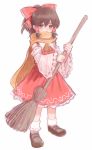  1girl ascot bow broom brown_hair detached_sleeves furorida hair_bow hair_tubes hakurei_reimu loafers ribbon-trimmed_sleeves ribbon_trim scarf shoes simple_background socks solo standing sweeping touhou white_background 