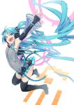  1girl ass blue_eyes blue_hair boots character_name detached_sleeves elbow_gloves fingerless_gloves fu-ta gloves hatsune_miku headphones headset jumping long_hair necktie open_mouth outstretched_arms skirt solo spread_arms thigh-highs thigh_boots twintails very_long_hair vocaloid white_background 