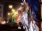  2girls butterfly closed_eyes dress female flower green_dress green_hair hat hat_removed headwear_removed hug_(artist) japanese_clothes kariginu kiss long_sleeves mononobe_no_futo multiple_girls ponytail short_hair silver_hair sleeping soga_no_tojiko tate_eboshi touhou yuri 