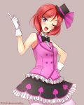  1girl ;d blush bowtie cowboy_shot dated gloves hand_on_hip hat highres korekara_no_someday looking_at_viewer love_live!_school_idol_project mini_top_hat nishikino_maki one_eye_closed open_mouth pointing pointing_up redhead short_hair skirt smile solo top_hat vest violet_eyes white_gloves yu-ta 