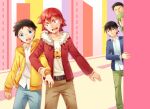  5boys belt black_hair blue_eyes blush collarbone cr72 glasses green_hair jacket long_hair male multiple_boys naruko_shoukichi onoda_sakamichi open_clothes open_jacket open_mouth red_eyes redhead short_hair tiger yowamushi_pedal 