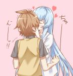  1boy 1girl akame_ga_kill! blue_hair blush closed_eyes esdeath heart kiss long_hair mugai_(tamac) pink_background simple_background tatsumi_(akame_ga_kill!) very_long_hair 