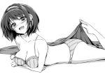  1girl ass blush bra breasts cleavage hair_ribbon hairband haruhisky leg_up looking_at_viewer lying monochrome on_stomach panties ribbon short_hair smile solo suzumiya_haruhi suzumiya_haruhi_no_yuuutsu underwear 