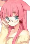 1girl animal_ears aqua_eyes bangs bare_shoulders black-framed_glasses bust glasses long_hair looking_at_viewer midorikawa_you original pink_hair ribbed_sweater round_glasses semi-rimless_glasses sketch solo sweater under-rim_glasses white_background 