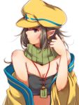  1girl artist_self-insert bare_shoulders breasts character_request cleavage earrings hat jewelry mataichi_matarou ole_tower pointy_ears scarf short_hair solo 