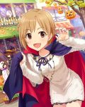  :d aiba_yumi bat breasts cape fangs fingernails ghost halloween hat idolmaster idolmaster_cinderella_girls jack-o&#039;-lantern jewelry long_fingernails looking_at_viewer nail_polish necklace open_mouth outdoors pink_nails pumpkin silk smile solo_focus spider_web sun_(symbol) town vampire witch_hat 