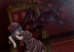  1girl :o armchair ascot bat_wings brooch capelet carpet chair dress frills hall hat hat_ribbon highres jewelry looking_at_viewer mob_cap open_mouth purple_dress purple_hair red_carpet red_eyes remilia_scarlet ribbon ribbon-trimmed_headwear ribbon_trim short_sleeves skirt solo touhou wings 