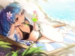  1girl barefoot beach beach_chair bikini black_bikini blue_hair breasts chair character_request cleavage drink flower flower_on_head grass long_hair looking_at_viewer navel parted_lips reclining red_eyes sand saya_(mychristian2) solo starfish swimsuit sword_girls twintails water water_droplets wet 