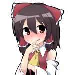  1girl :d ascot blush bow brown_hair detached_sleeves hair_bow hair_ribbon hair_tubes hakurei_reimu looking_at_viewer open_mouth red_eyes ribbon simple_background smile solo touhou twumi white_background 