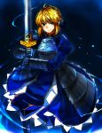  1girl ahoge armor armored_dress blonde_hair dress excalibur fate/stay_night fate_(series) green_eyes hair_ribbon ribbon saber solo syn 