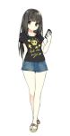  1girl black_eyes black_hair blush heart long_hair looking_at_viewer sandals simple_background sky_(freedom) solo white_background 