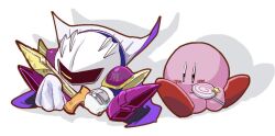  armor cape colored_skin food_in_mouth gloves handkerchief holding holding_handkerchief holding_sword holding_weapon ikemen_san invincible_candy kirby kirby's_adventure kirby_(series) looking_at_another meta_knight pauldrons pink_skin pye_ji shadow shoulder_armor sitting star_(symbol) sword weapon white_gloves 
