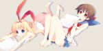  2girls amae_koromo animal_ears ass barefoot blonde_hair blue_eyes blush brown_hair hairband highres long_hair lying miyanaga_saki multiple_girls on_back on_stomach open_mouth paper rabbit_ears red_eyes saki school_uniform serafuku short_hair skirt smile tokumi_yuiko 