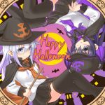  akatsuki_(kantai_collection) blue_eyes blue_hair cape halloween halloween_costume hat hibiki_(kantai_collection) kantai_collection musouzuki school_uniform serafuku silver_hair thigh-highs vampire witch witch_hat 